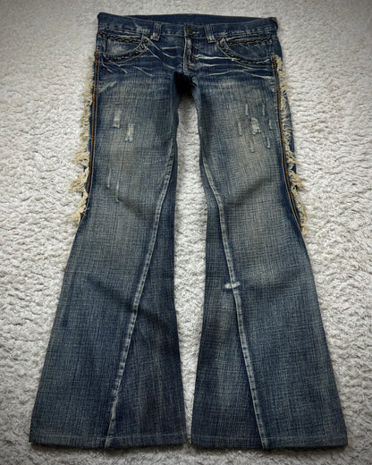 Tornado Mart Spiral Fringed Studded Flared Jeans