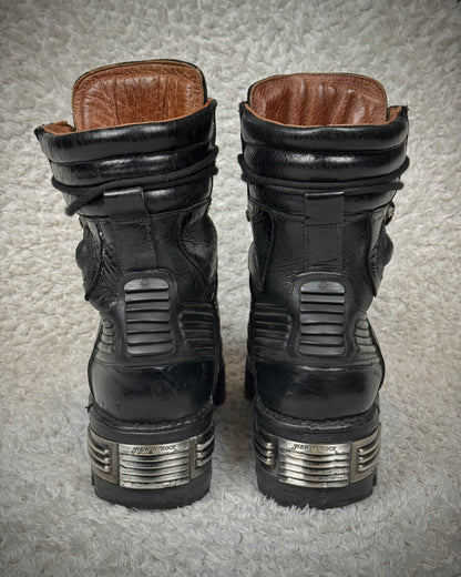 New Rock Metallic Ridged Armor High Top Leather Boots