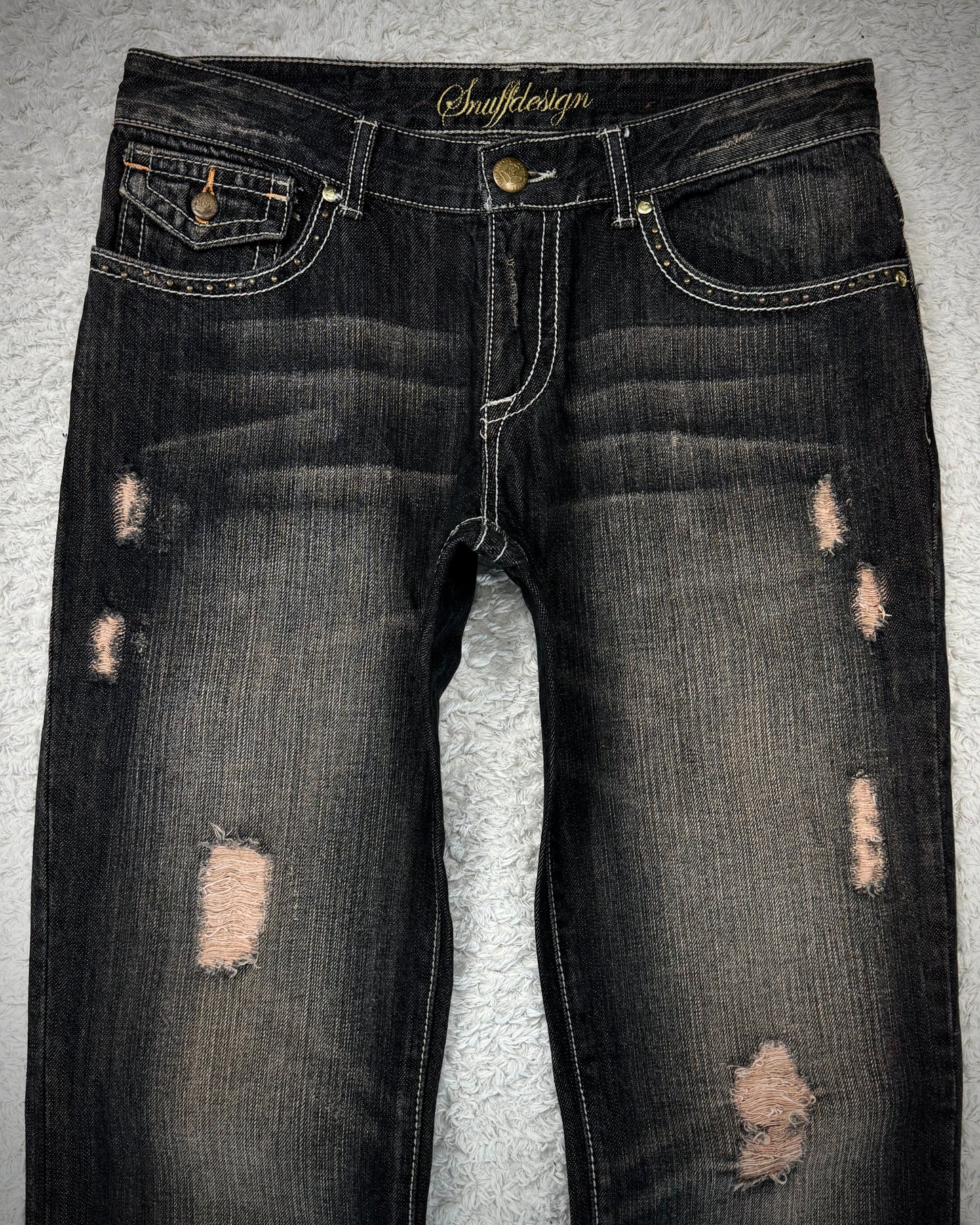 Snuff Studded Flap Pockets Flared Jeans