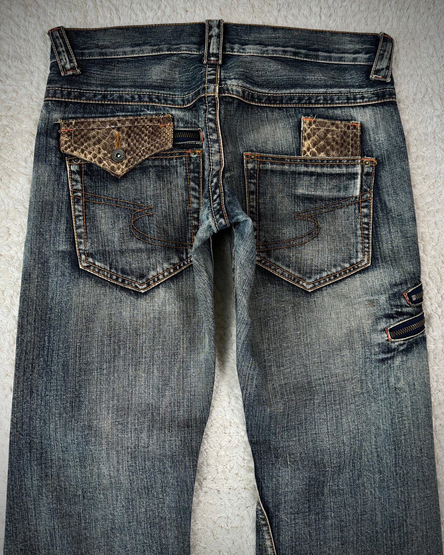 Semantic Design Mud Washed Python Detailed Flared Jeans