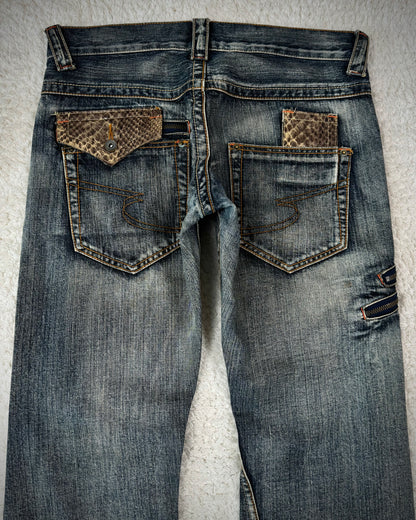 Semantic Design Mud Washed Python Detailed Flared Jeans