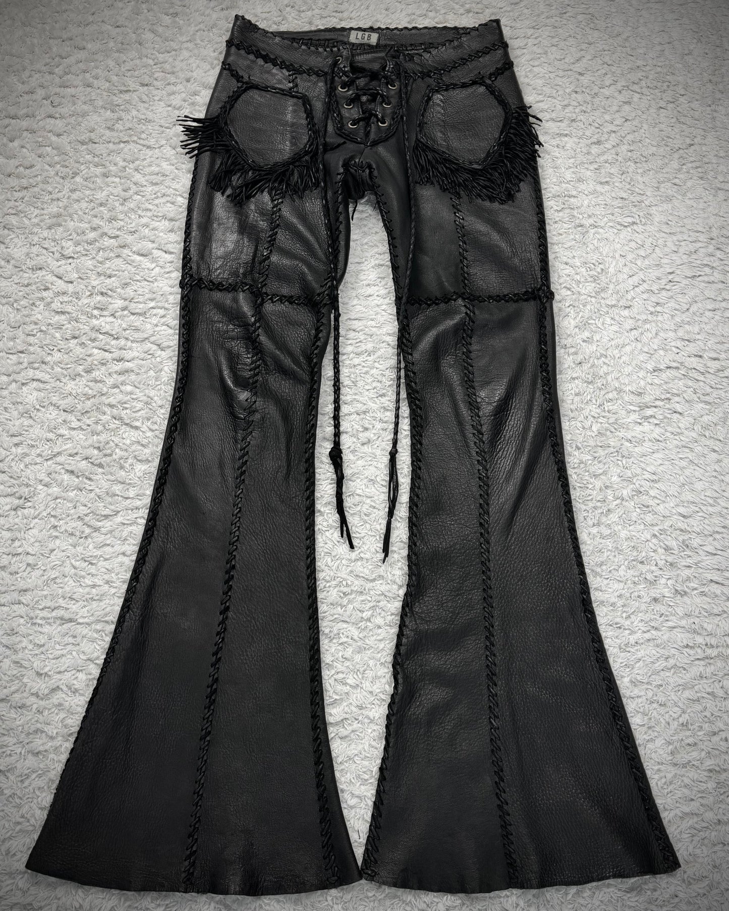 L.G.B. “Carlos” Fringed Scar Stitched Lace Up Flared Leather Pants