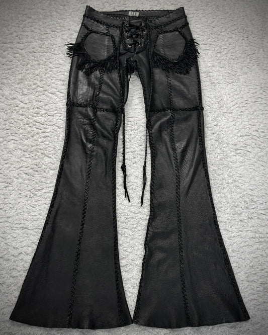 L.G.B. “Carlos” Fringed Scar Stitched Lace Up Flared Leather Pants