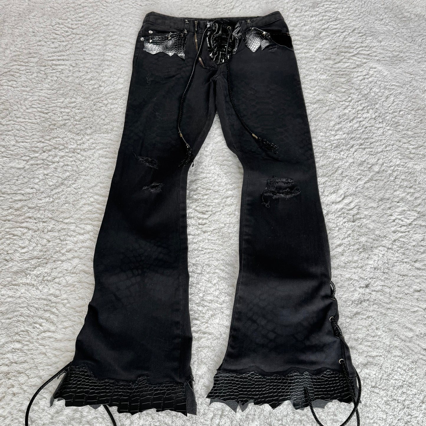 Unbranded Croc Detailed Flared Lace Up Jeans