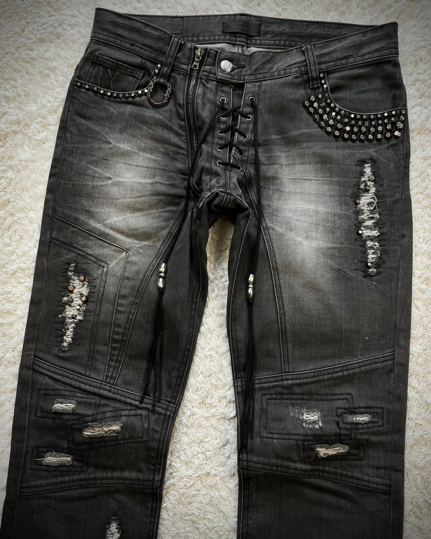 Midas Lace Up Studded Distressing Flared Jeans