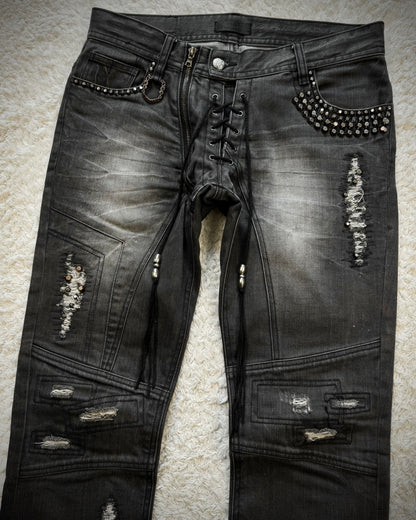 Midas Lace Up Studded Distressing Flared Jeans