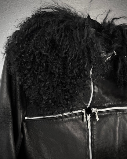 14th Addiction Mouton Fur Cross Zip Leather Jacket