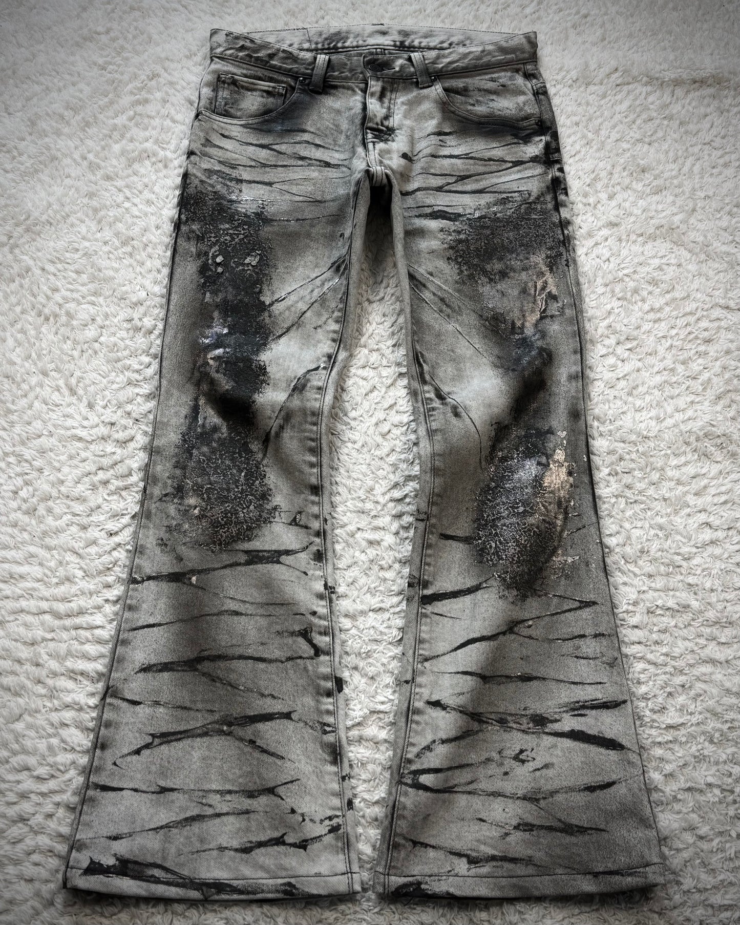 Tornado Mart Silver Clawmarks Coated Flared Jeans