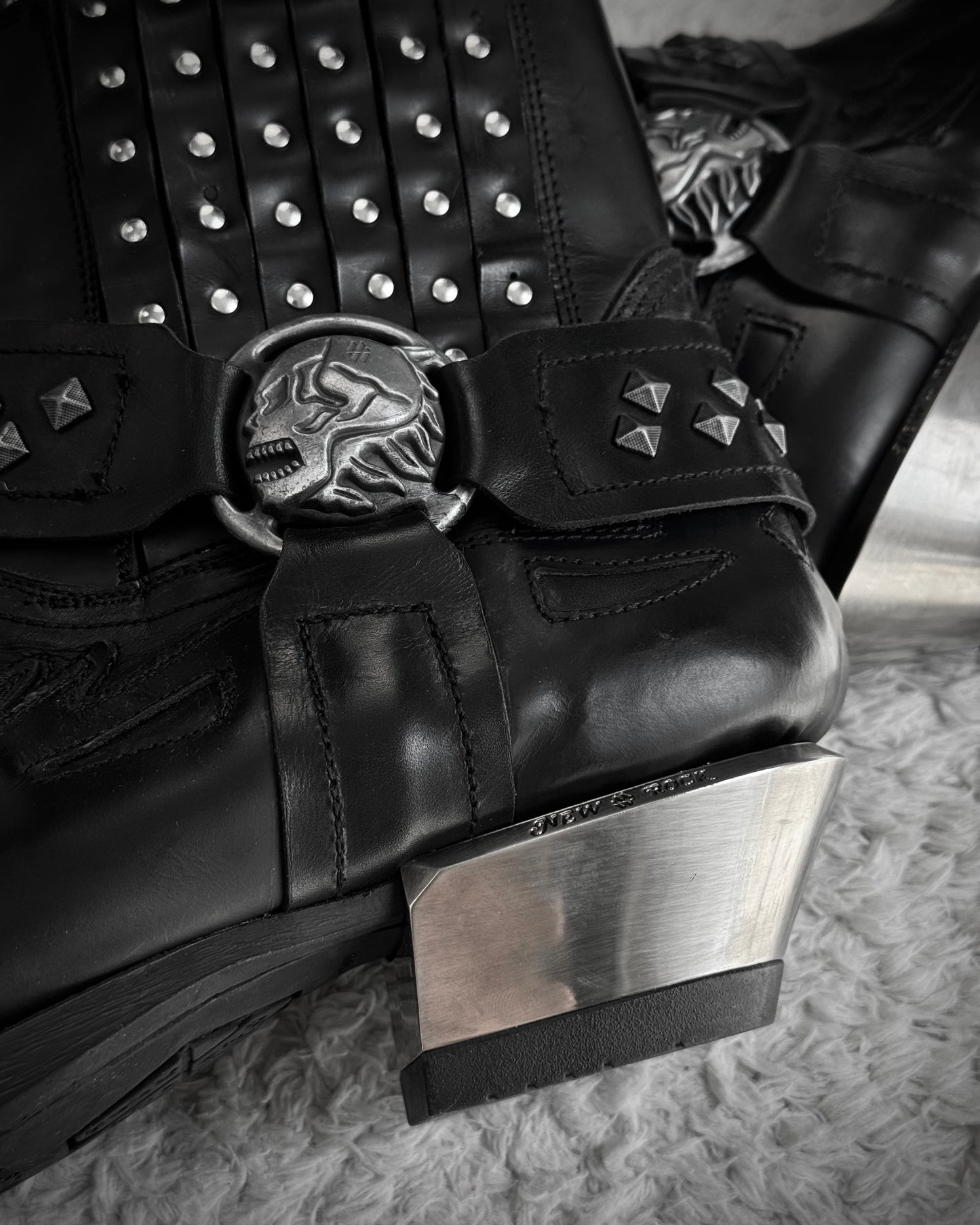 New Rock Studded Steel Heel Harness Leather Boots
