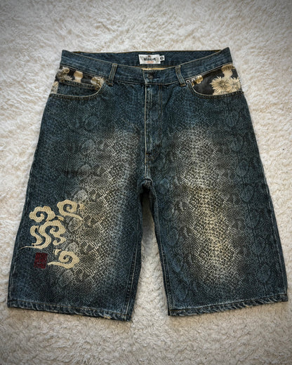 Karakuri Tamashii Python Pattern Floral Denim Shorts