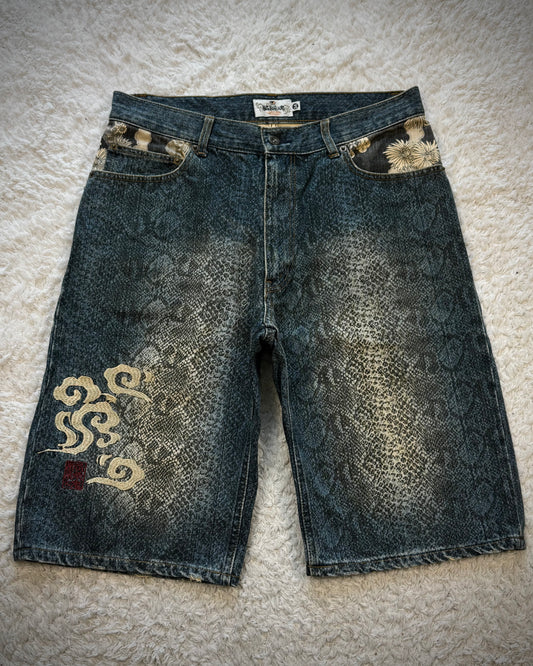 Karakuri Tamashii Python Pattern Floral Denim Shorts