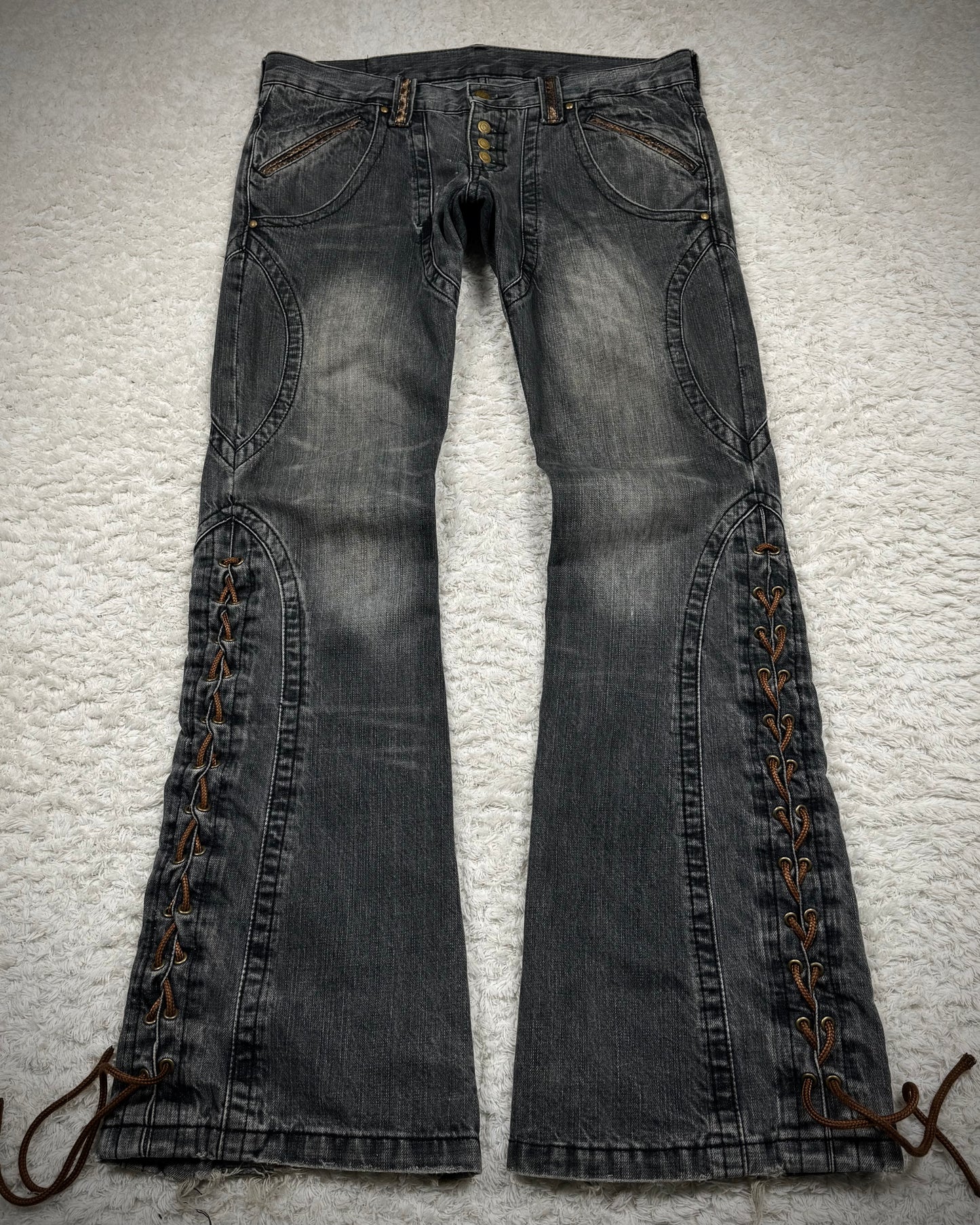 Tornado Mart Python Detailed Mud Washed Lace Up Flared Jeans