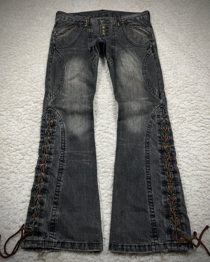 Tornado Mart Python Detailed Mud Washed Lace Up Flared Jeans