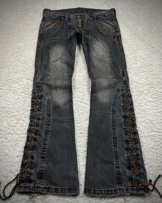 Tornado Mart Python Detailed Mud Washed Lace Up Flared Jeans