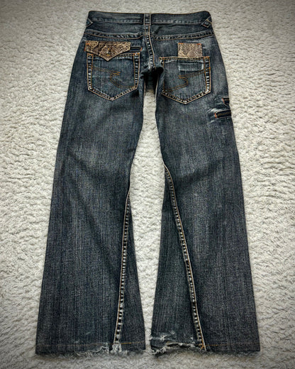 Semantic Design Python Detailed Zippered Spiral Flared Jeans