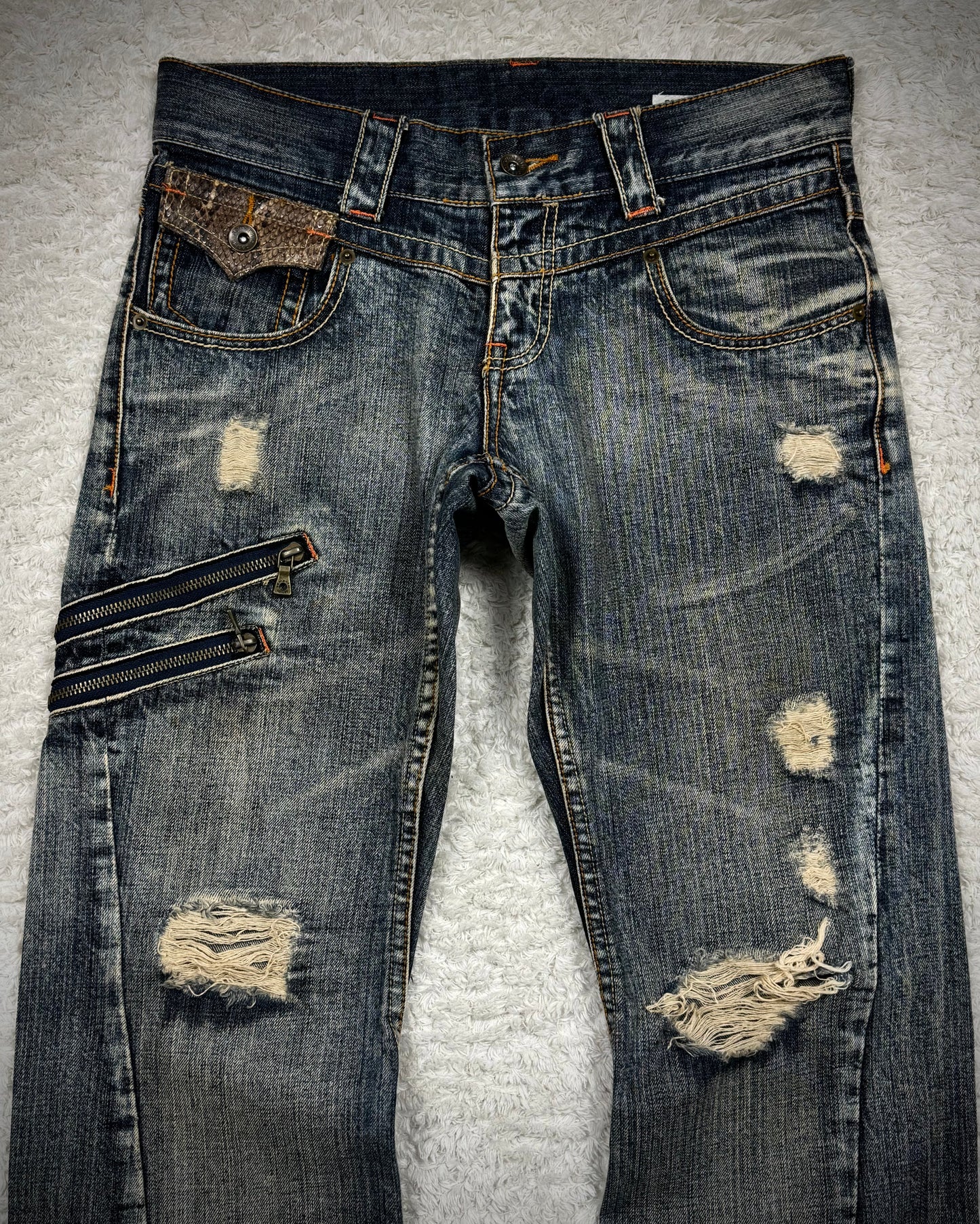 Semantic Design Python Detailed Mud Washed Spiral Flared Jeans
