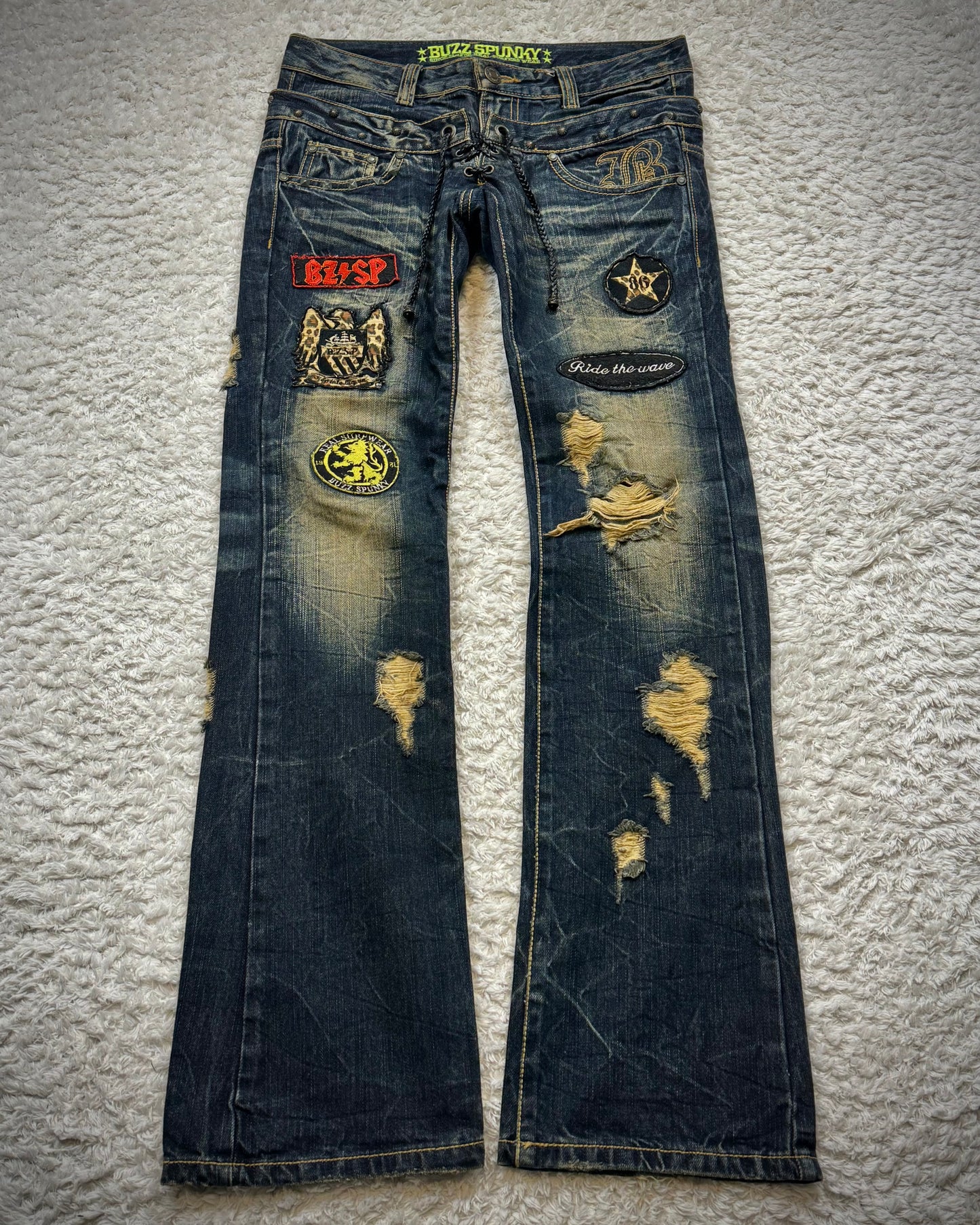 Buzz Spunky Double Waisted Lace Up Studded Flared Jeans