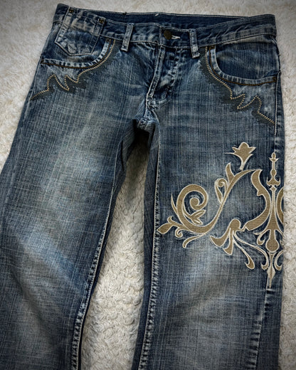 Tornado Mart Tribal Embroidery Spiral Flared Jeans