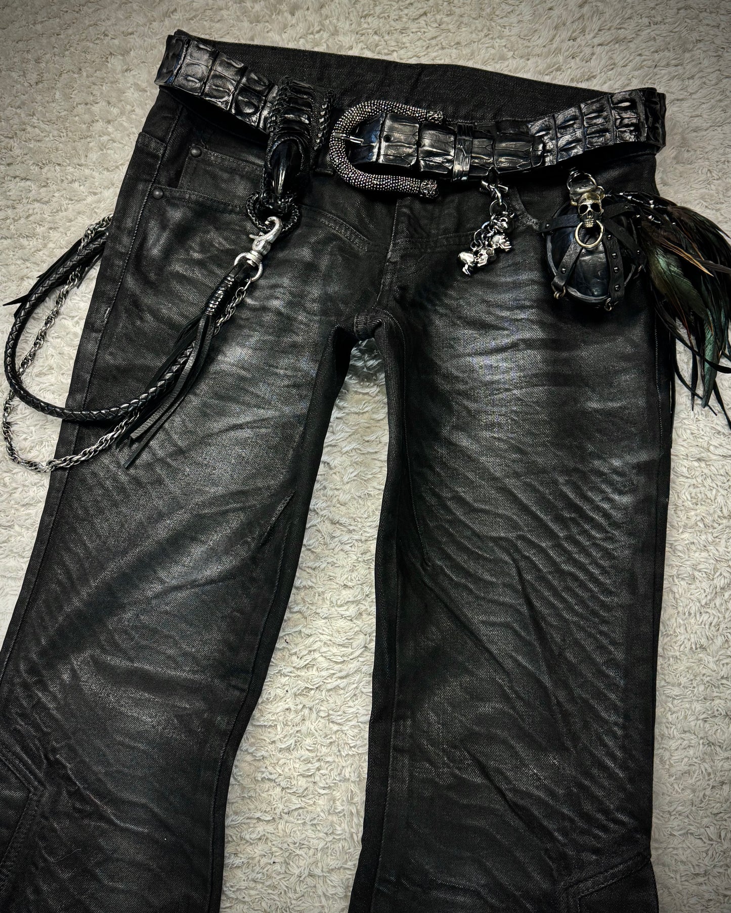 Tornado Mart Oil Coated Python Pattern Lace Up Flared Jeans