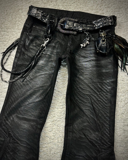 Tornado Mart Oil Coated Python Pattern Lace Up Flared Jeans