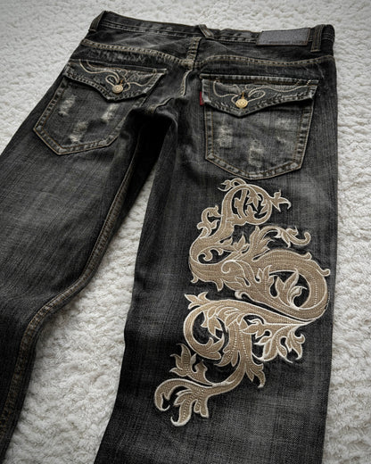 Tornado Mart Tribal Embroidery Spiral Flared Jeans