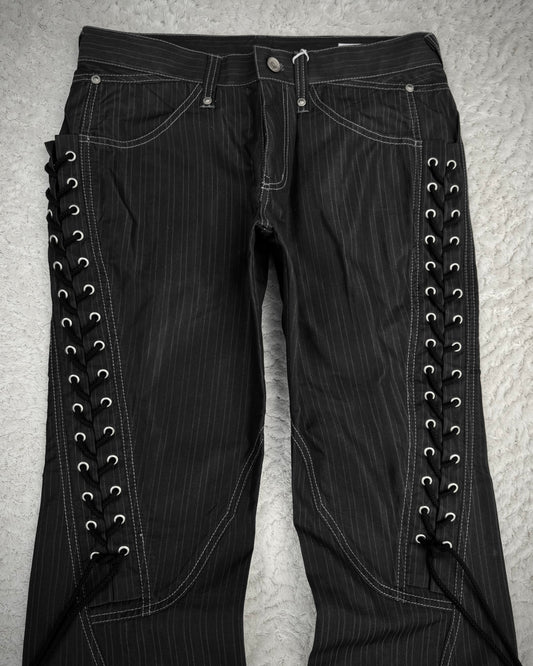 Semantic Design Pin Striped Lace Up Spiral Bootcut Dress Pants