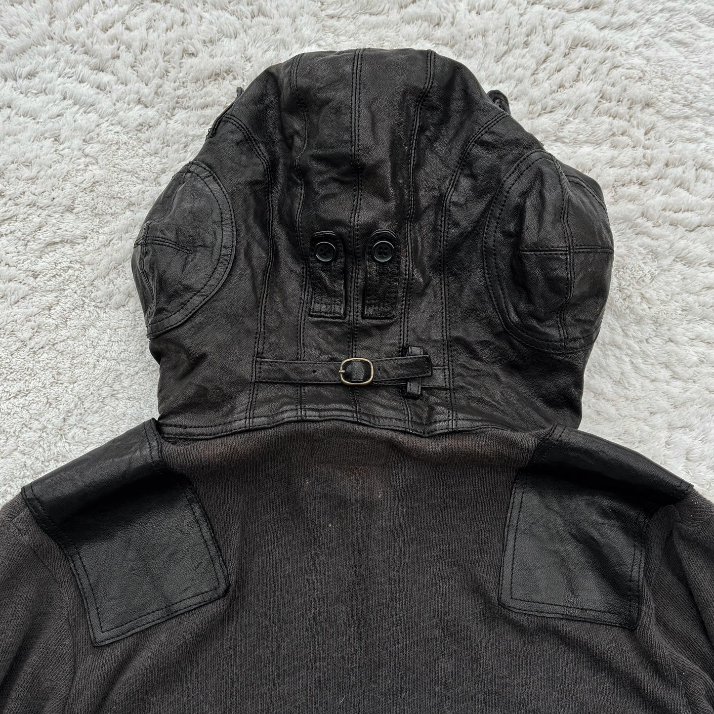 Share Spirit Leather Hood Ribbed Button Up Hoodie