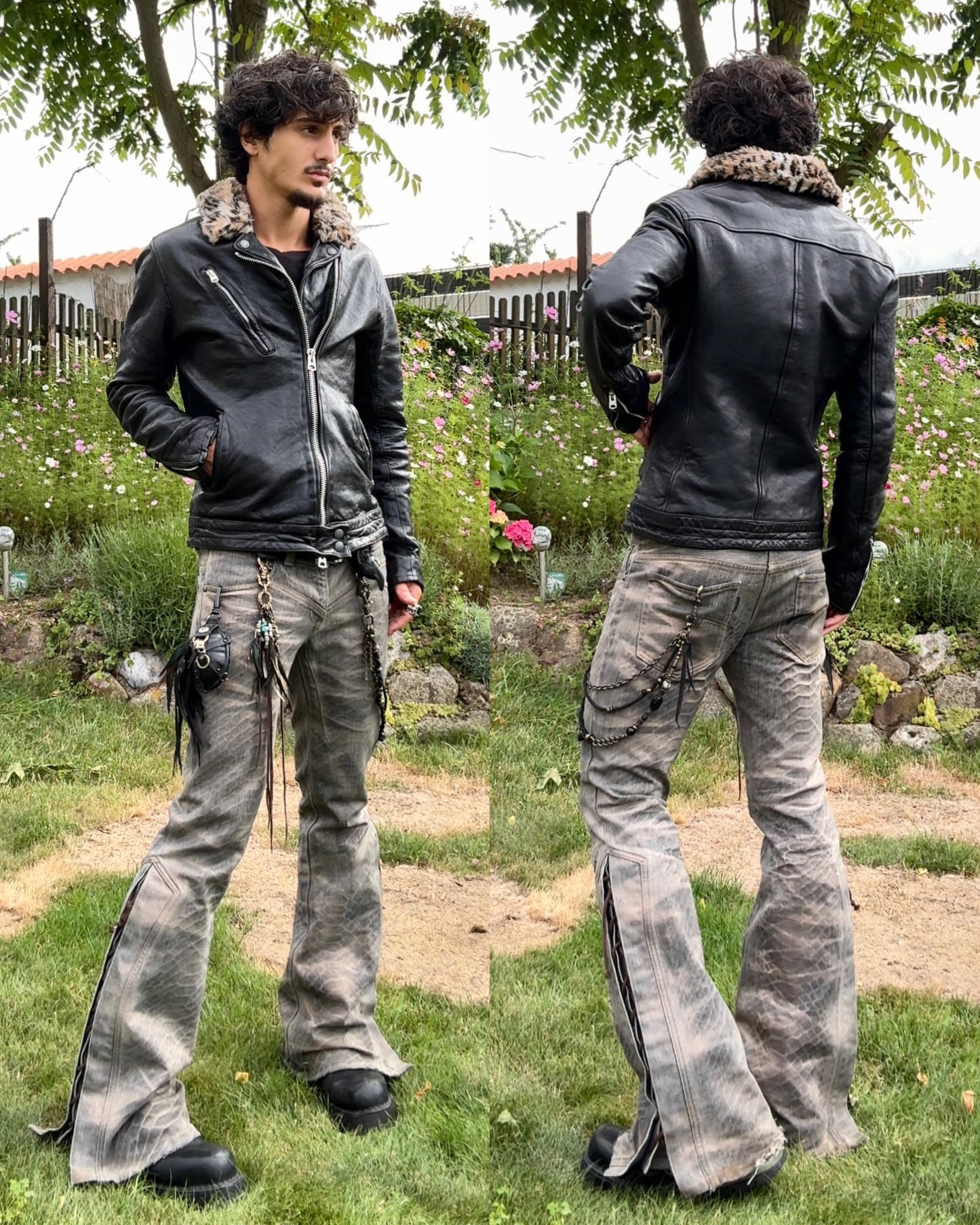 Glamb Leopard Fur Collar Leather Biker Jacket