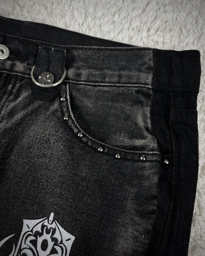 Cross Print Leather Hardware Detailed Wide Leg Bootcut Denim