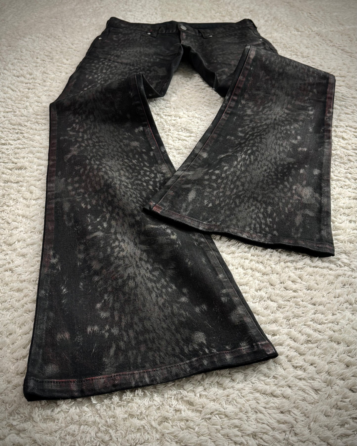 Tornado Mart Crimson Waxed Leopard Pattern Flared Jeans