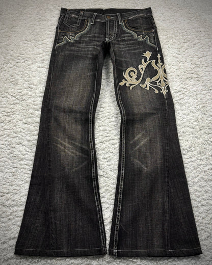 Tornado Mart Tribal Embroidery Spiral Flared Jeans