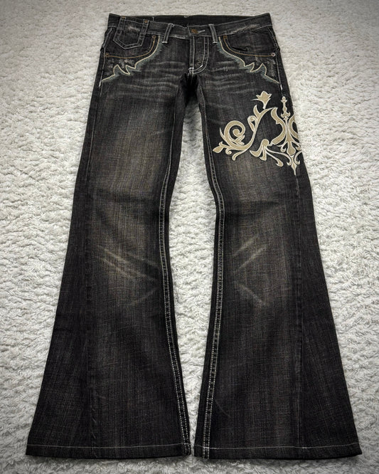 Tornado Mart Tribal Embroidery Spiral Flared Jeans