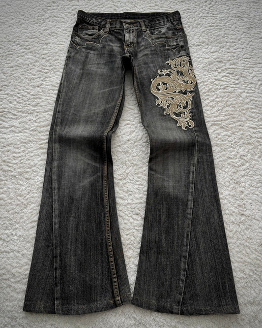 Tornado Mart Tribal Embroidery Spiral Flared Jeans