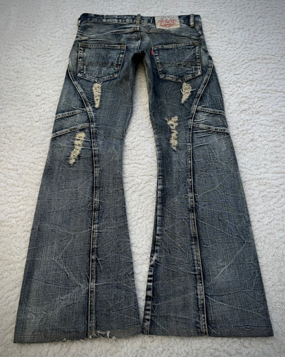 Tornado Mart Multi-Panel Crinkle Washed Flared Jeans