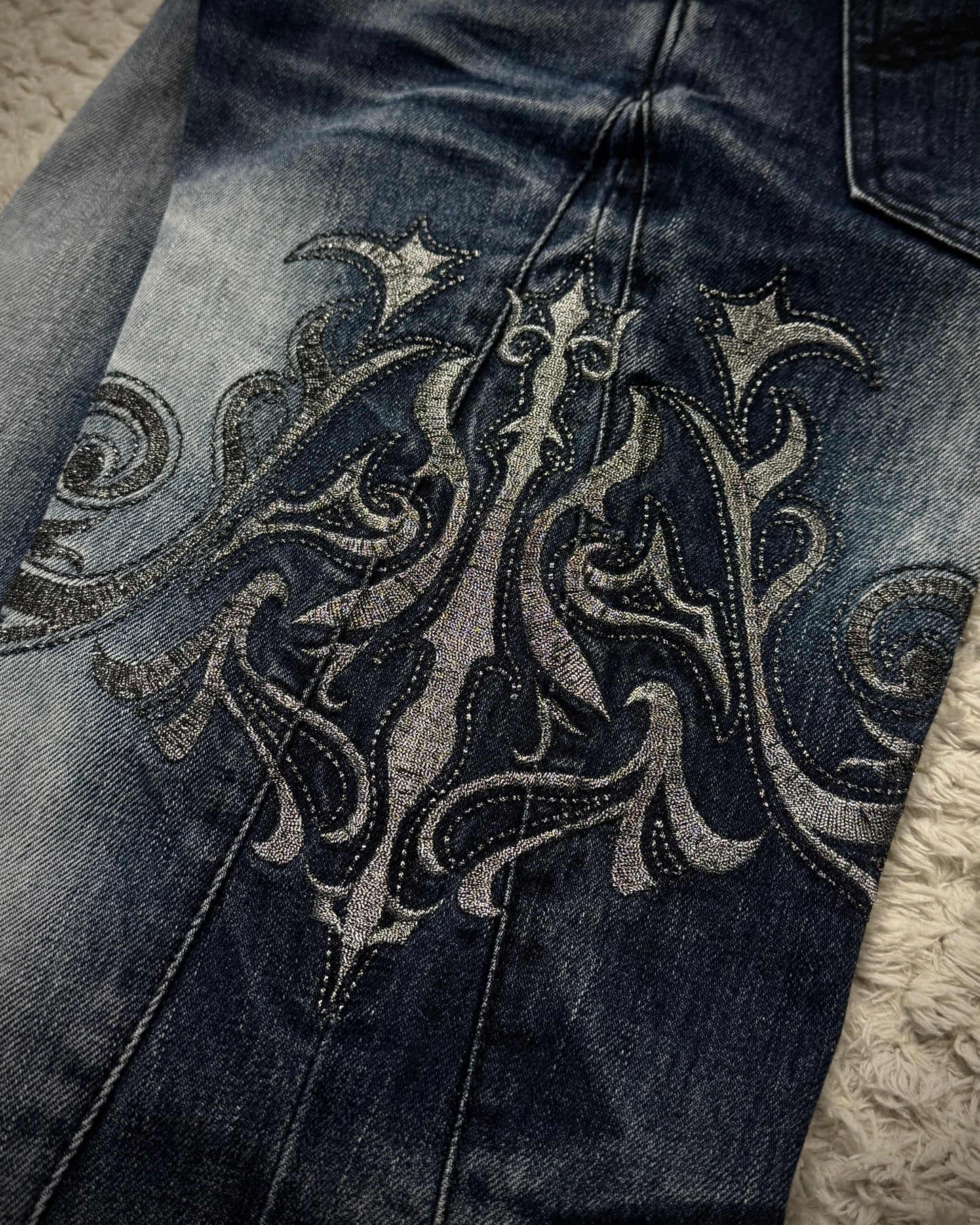 Midas Clawmarks Silver Tribal Embroidery Flared Jeans