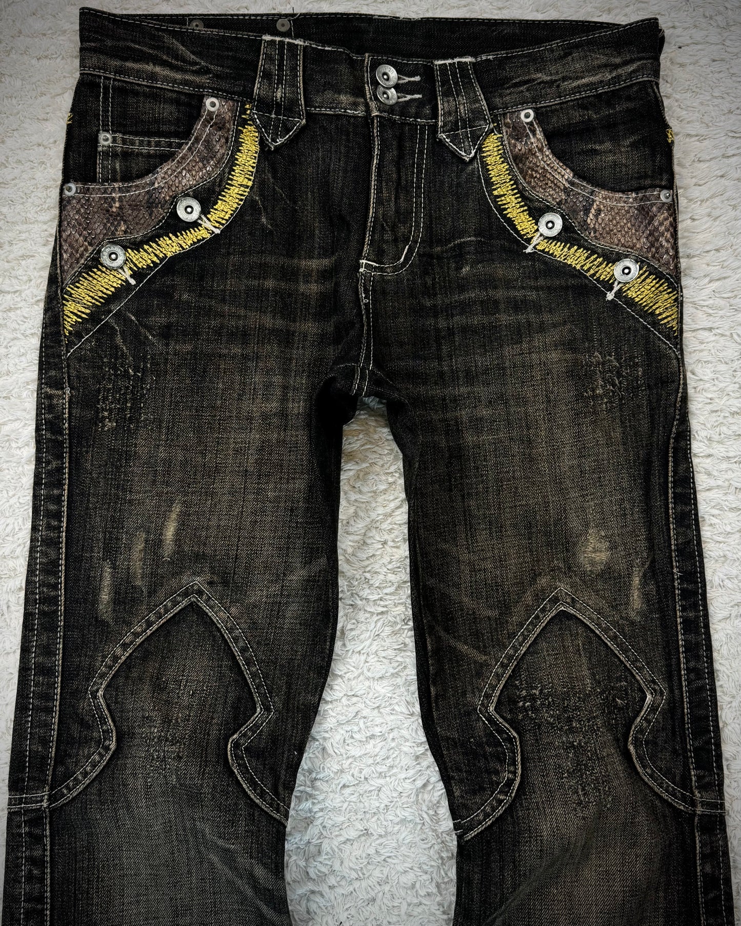 Semantic Design Python Detailed Sword Knee Bootcut Jeans