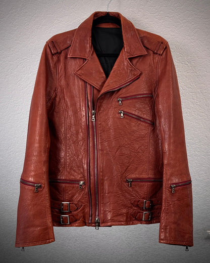 Crimson Textured Leather Biker Jacket