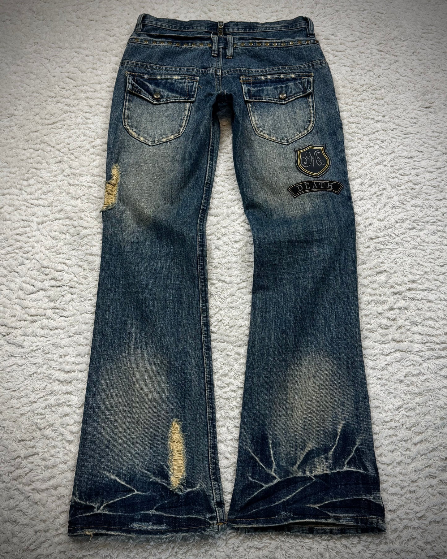 Midas Double Waisted Lace Up Studded Patched Flared Jeans