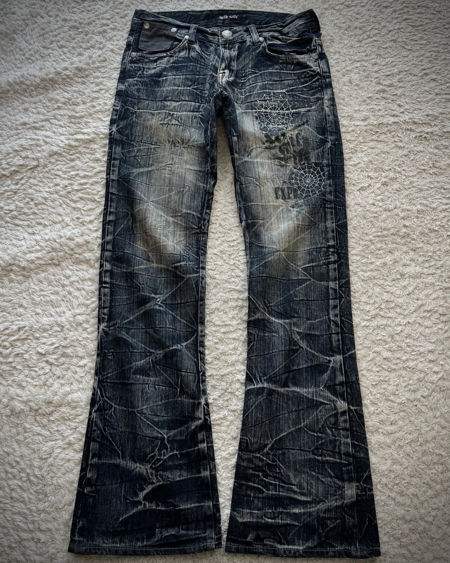 Wild Life Spider Web Honeycomb Washed Flared Jeans