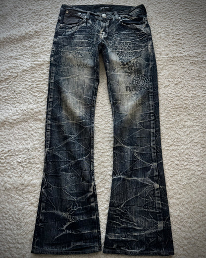 Wild Life Spider Web Honeycomb Washed Flared Jeans