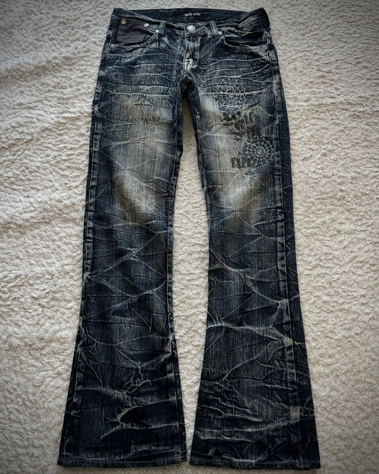 Wild Life Spider Web Honeycomb Washed Flared Jeans