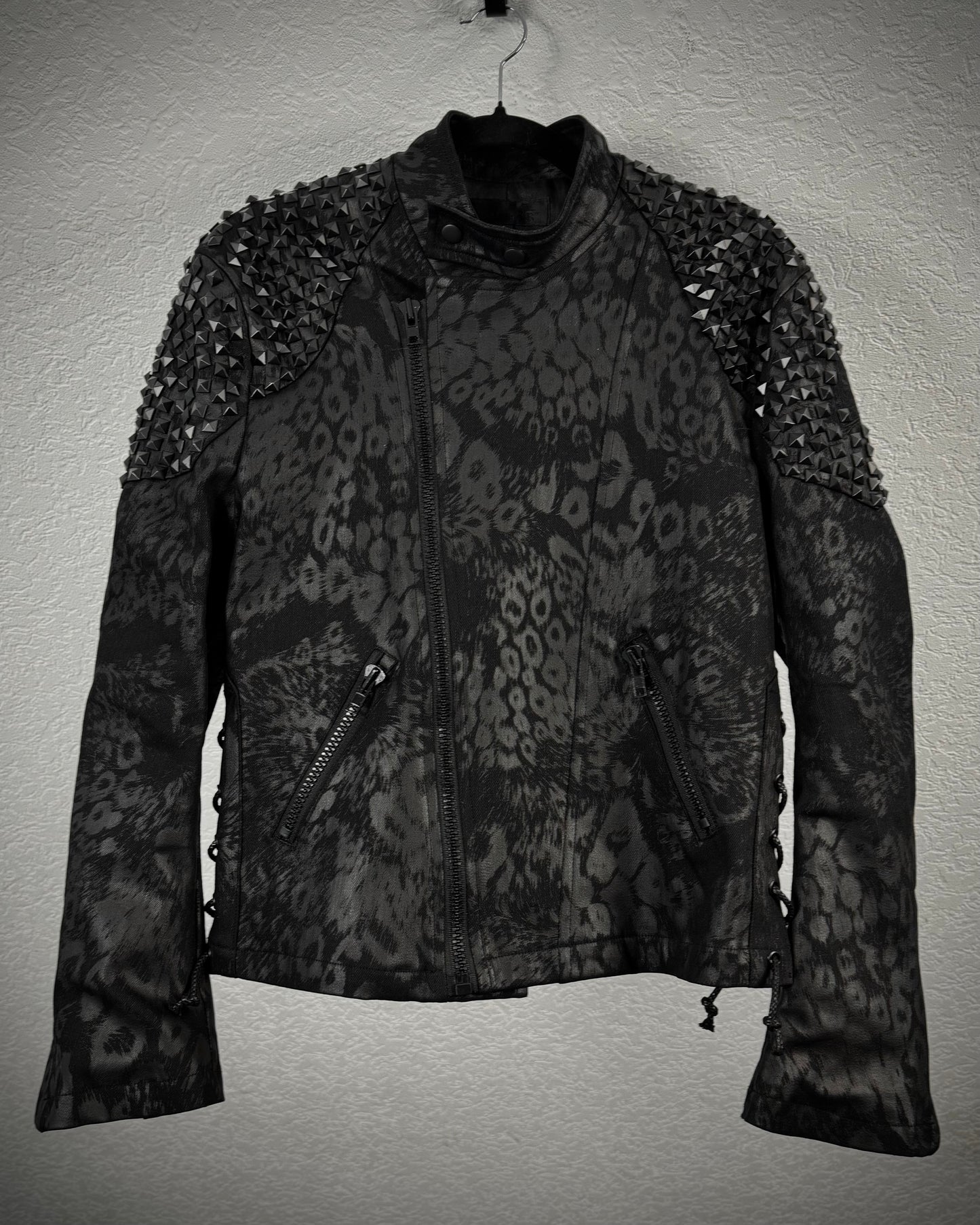 By The R Leopard Waxed Studded Lace Up Biker Jacket