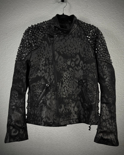 By The R Leopard Waxed Studded Lace Up Biker Jacket
