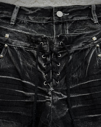Double Waisted Lace Up Studded Distressed Flared Jeans