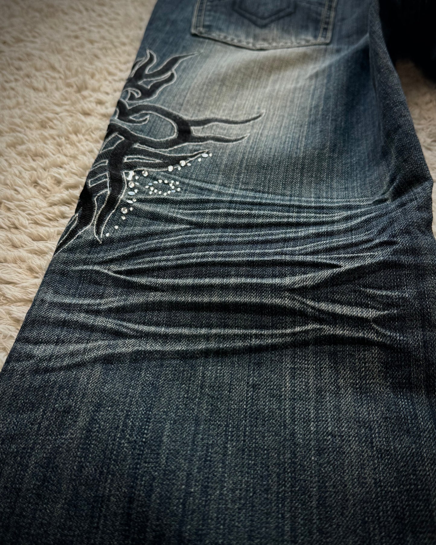 Black Crown Tribal Embroidery Studded Flared Jeans