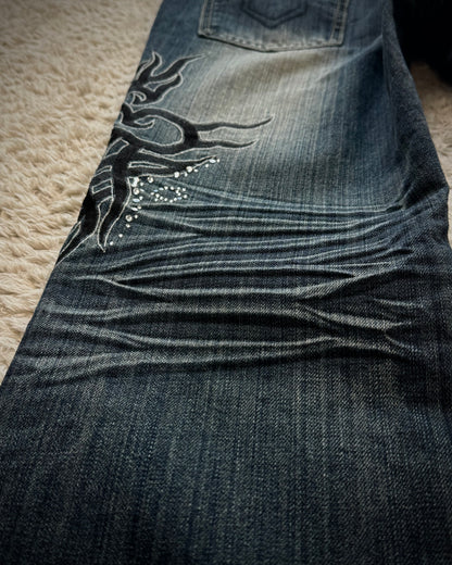 Black Crown Tribal Embroidery Studded Flared Jeans