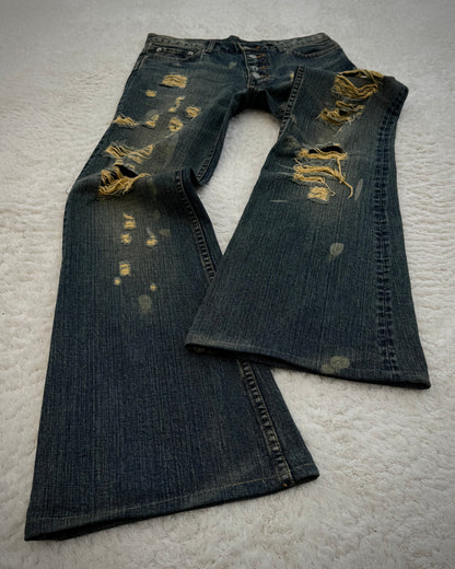 Tornado Mart Mud Washed Crash Distressed Flared Jeans