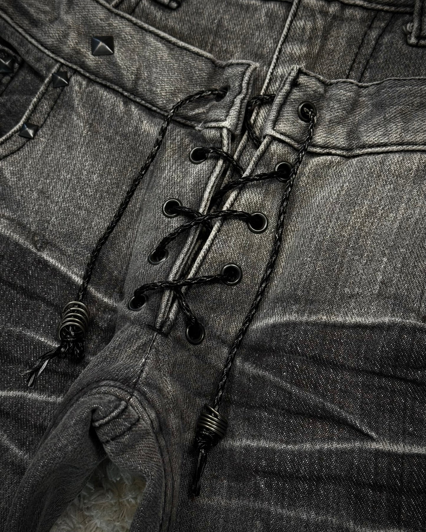 LAD Double Waisted Lace Up Studded Flared Jeans