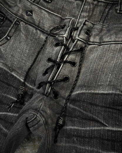 LAD Double Waisted Lace Up Studded Flared Jeans