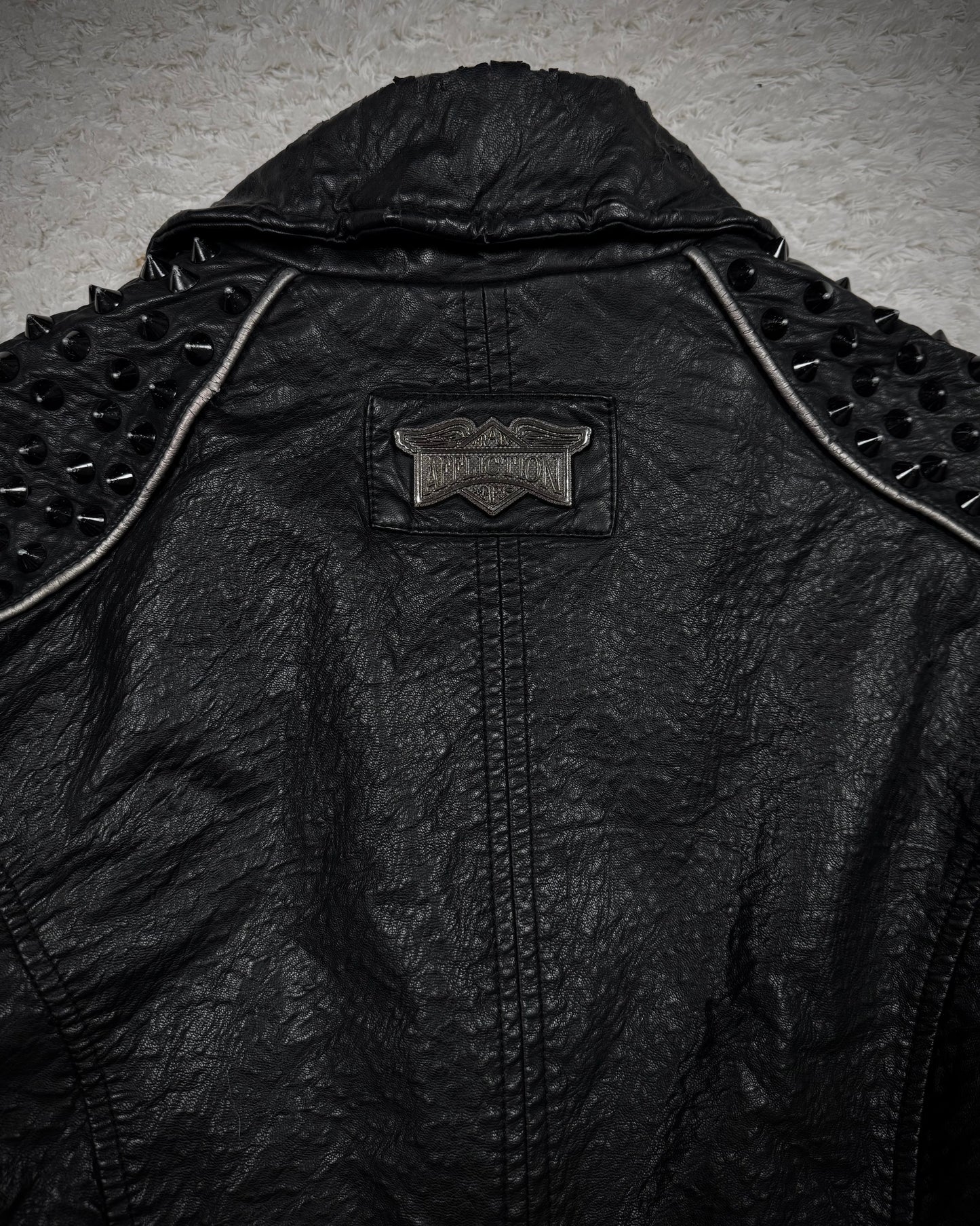 Affliction Spike Studded Metal Badge Leather Jacket